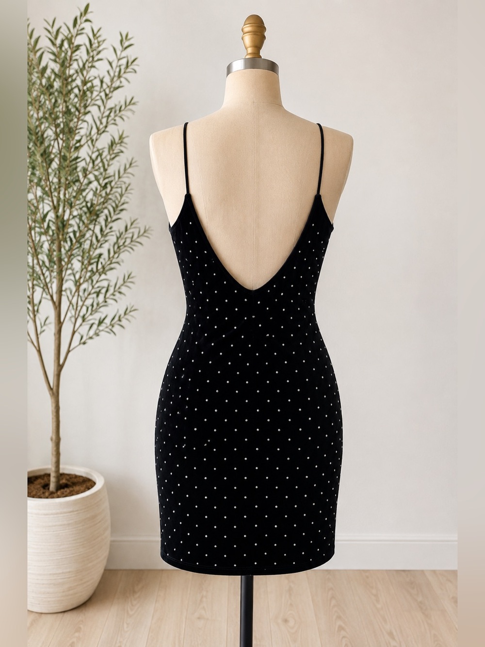 H&M Black Velvet Rhinestone Mini Dress Medium Open Back Bodycon Y2K Party - Picture 2 of 8
